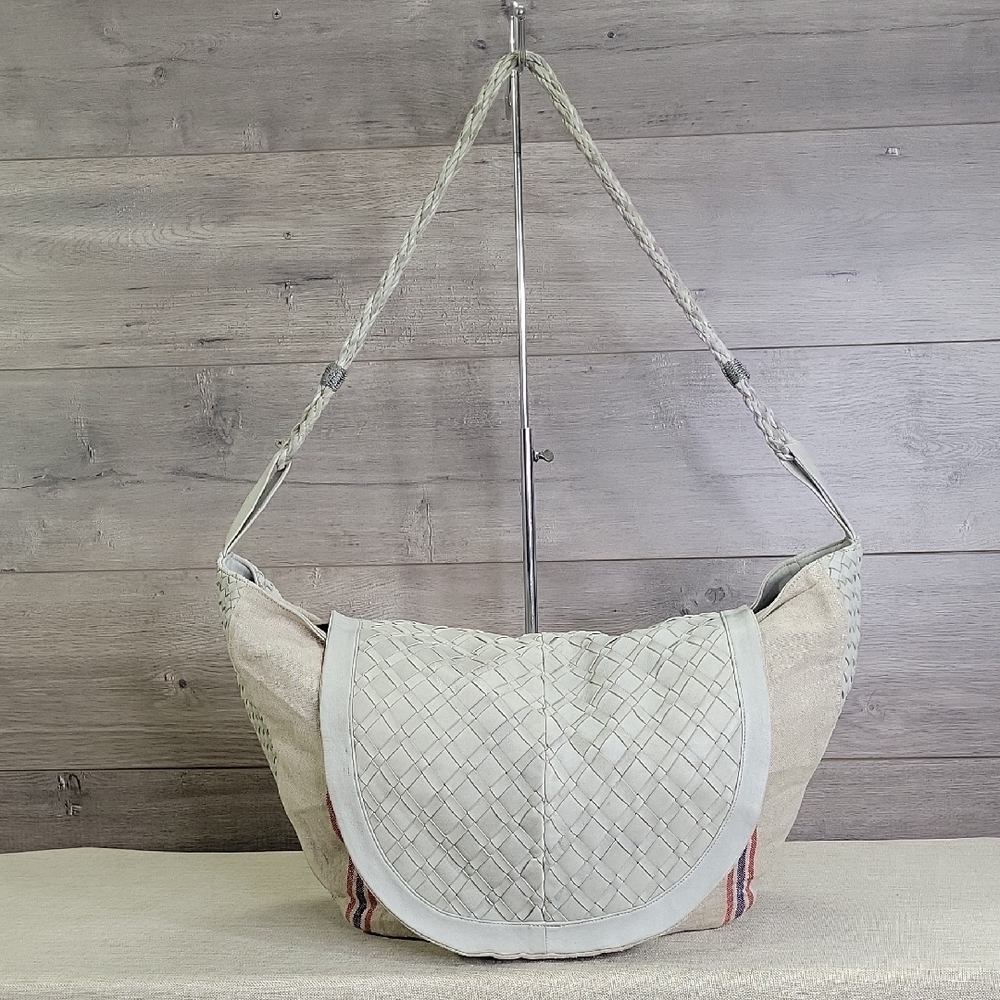 Claramonte Taupe Gray Canvas Leather Woven Slouch Shoulder Bag Hobo Handbag - Picture 1 of 13